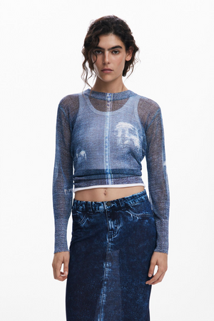 Denim Effect Sheer Sweater