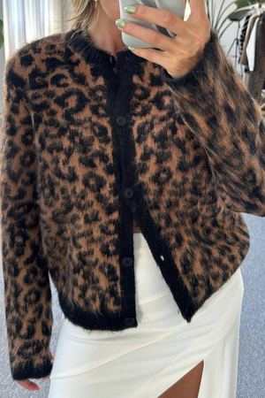 Stylish Casual Leopard-Print Knitted Cardigan