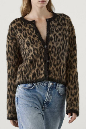 Stylish Casual Leopard-Print Knitted Cardigan