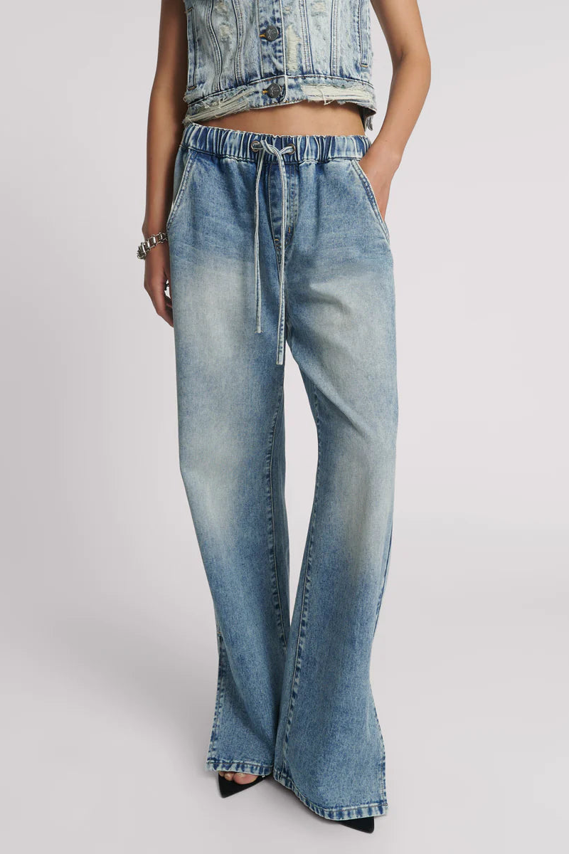 Roadhouse Wide Leg Drawstring Denim Jeans - Sunset Blue