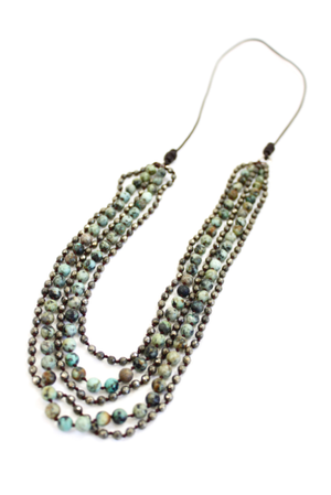 African Turquoise and Pyrite Hand Knotted Long Necklace