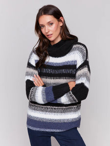 Striped Cowl Neck Sweater - Navy