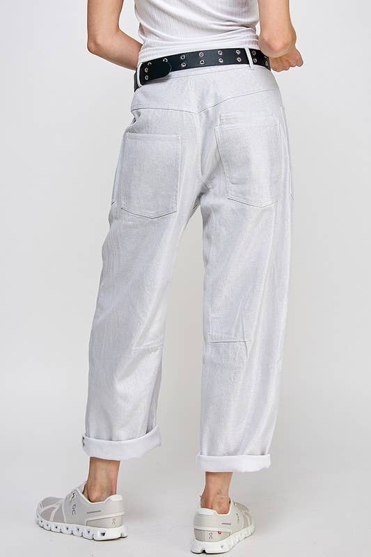 Metallic Low-Slung Barrel Jeans